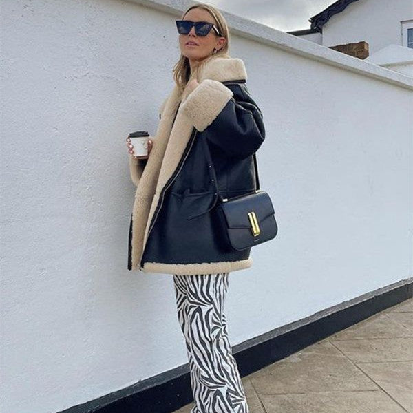 Amara - Damski płaszcz z kożuchem sztucznym elegancki zimowy miejski