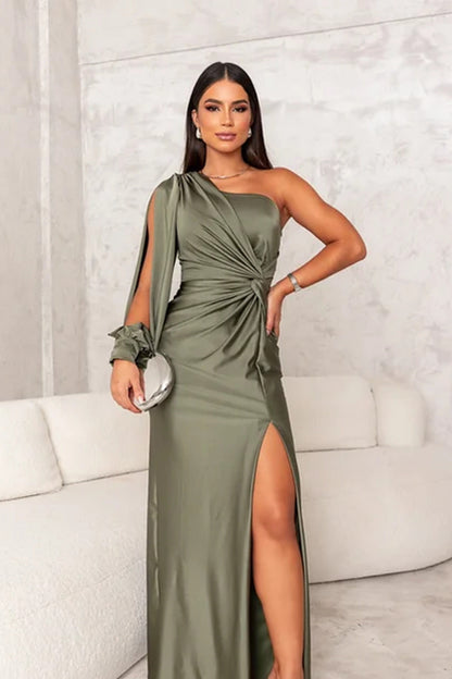 Elena - Damska Sukienka Wieczorowa Jednoramienna Maxi z Rozcięciem