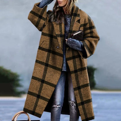 Julia – Wełniany Płaszcz Damski w Modną Kratę Oversize
