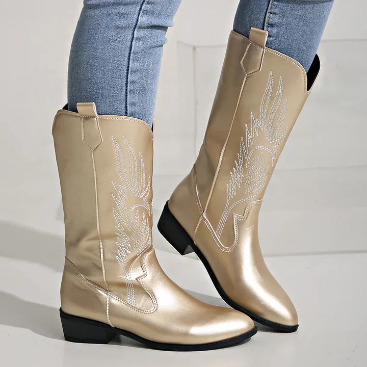 Kowbojki metaliczne za kolano w stylu western