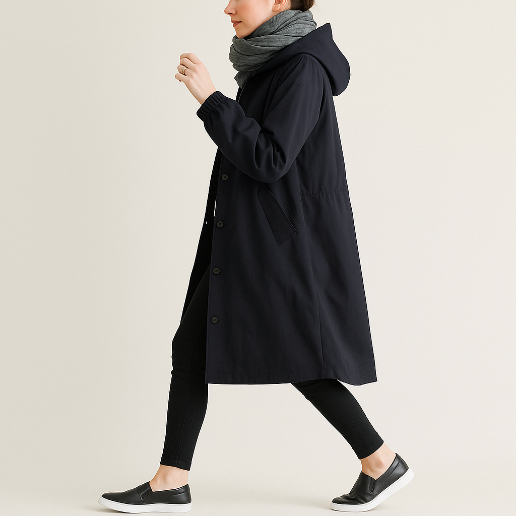 Laura – Minimalistyczny Płaszcz Przeciwdeszczowy z Kapturem
