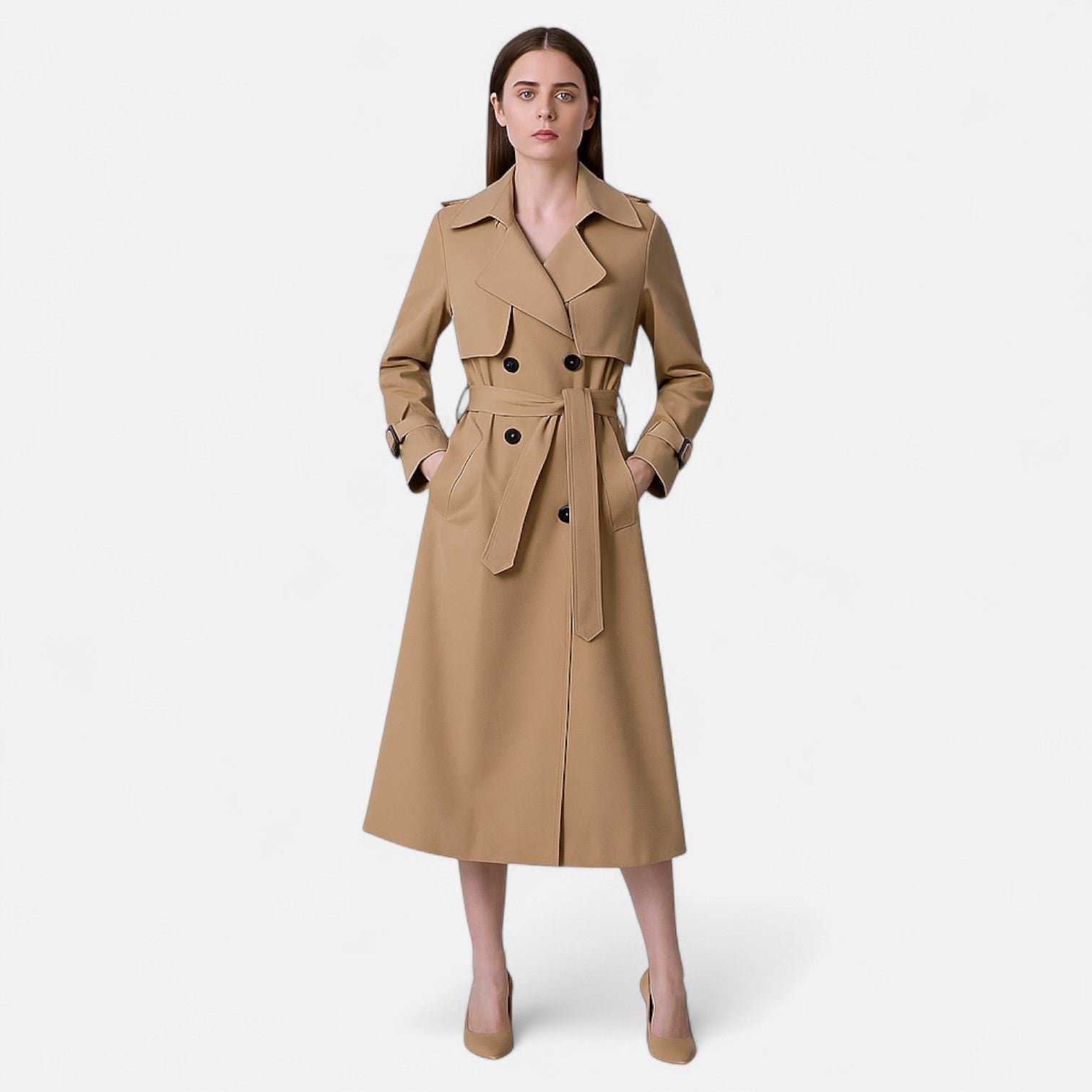 Elegancki długi trencz damski z paskiem - J&B - 2 - Nowa-aura