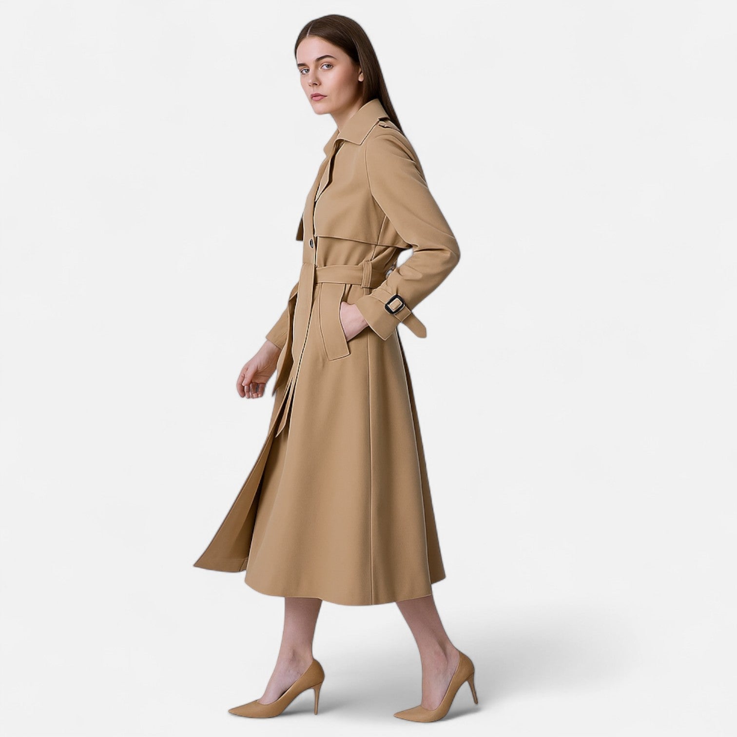 Elegancki długi trencz damski z paskiem - J&B - 3 - Nowa-aura