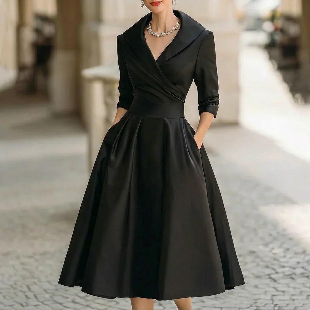 Beatriz – Elegancka satynowa sukienka midi z kołnierzem damska