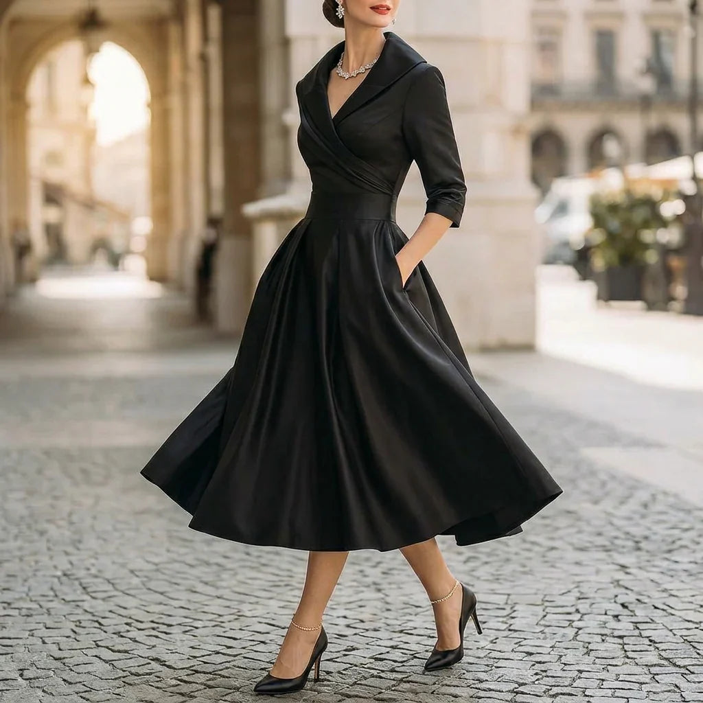 Beatriz – Elegancka satynowa sukienka midi z kołnierzem damska