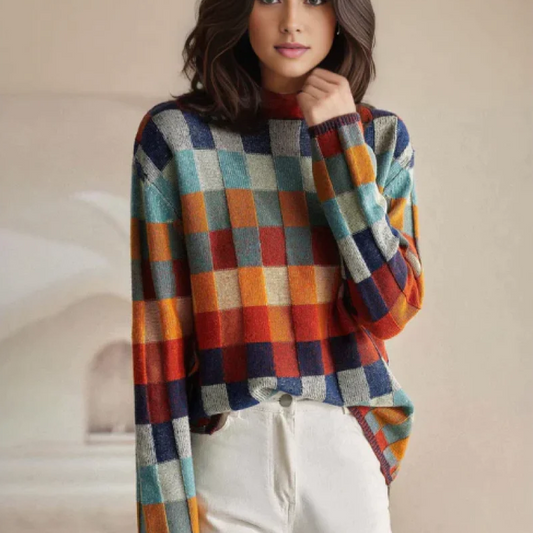 Aria – Sweter damski kolorowy oversize w kratkę z długim rękawem
