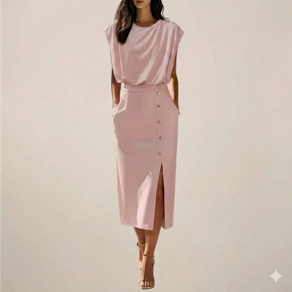Emilia – Elegancka Sukienka Midi z guzikami i rozcięciem z boku