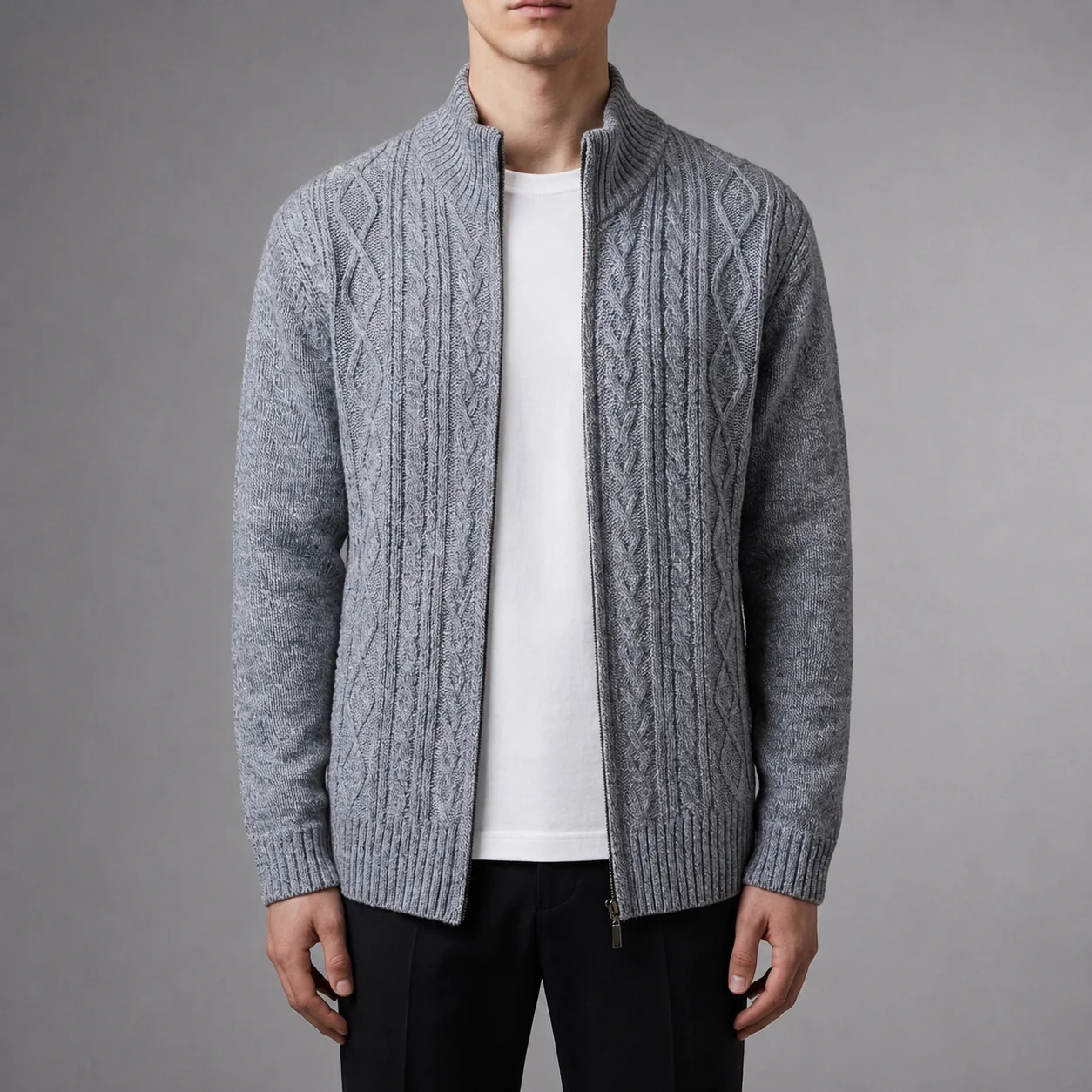 Męski sweter z splotem warkoczowym, strukturalny krój + stójka | N&W - 5 - Nowa-aura