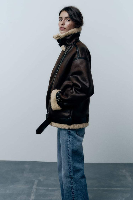 Nina – Skórzana Kurtka Damska z Kożuchem w Stylu Aviator