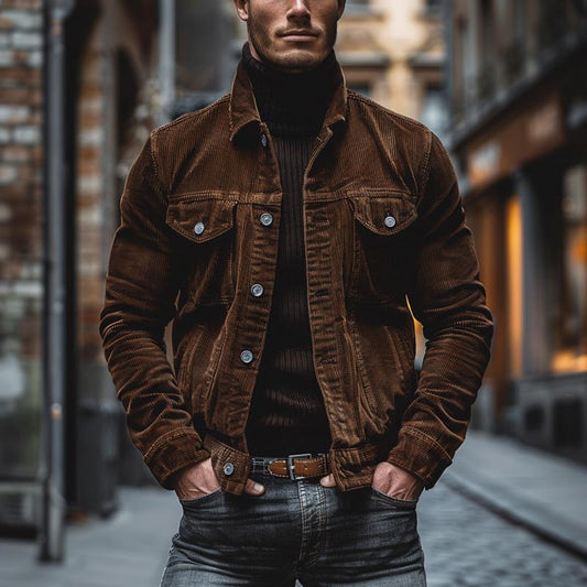 Ethan – Męska brązowa sztruksowa kurtka casualowa z kieszeniami na piersi