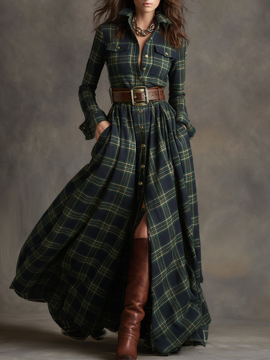 Helena – Długa sukienka koszulowa w kratę