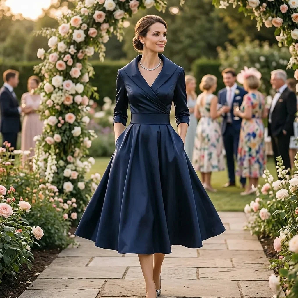 Beatriz – Elegancka satynowa sukienka midi z kołnierzem damska