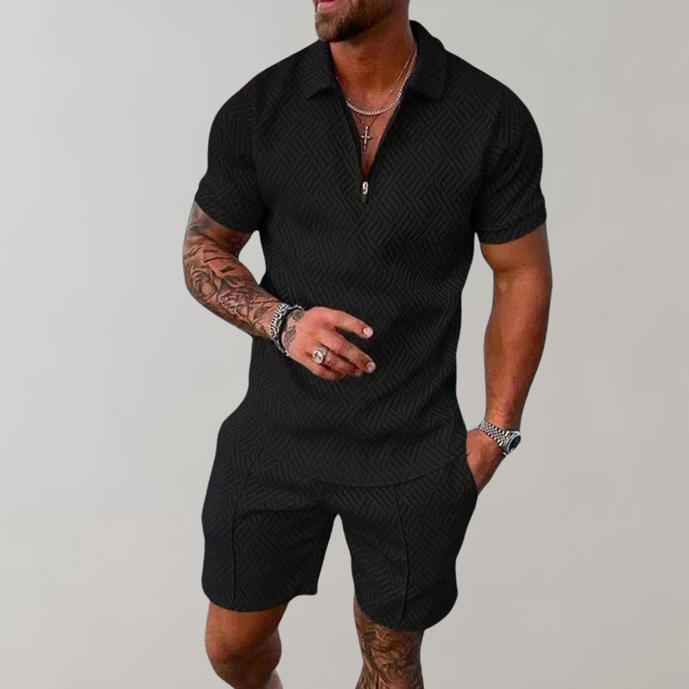 Clean white patterned polo shirt and shorts set for men