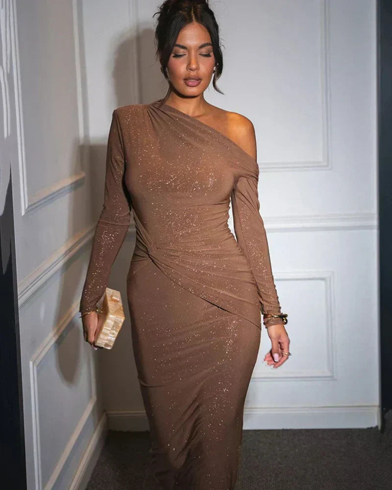 Isabella – Błyszcząca dopasowana sukienka wieczorowa damska z jednym rękawem