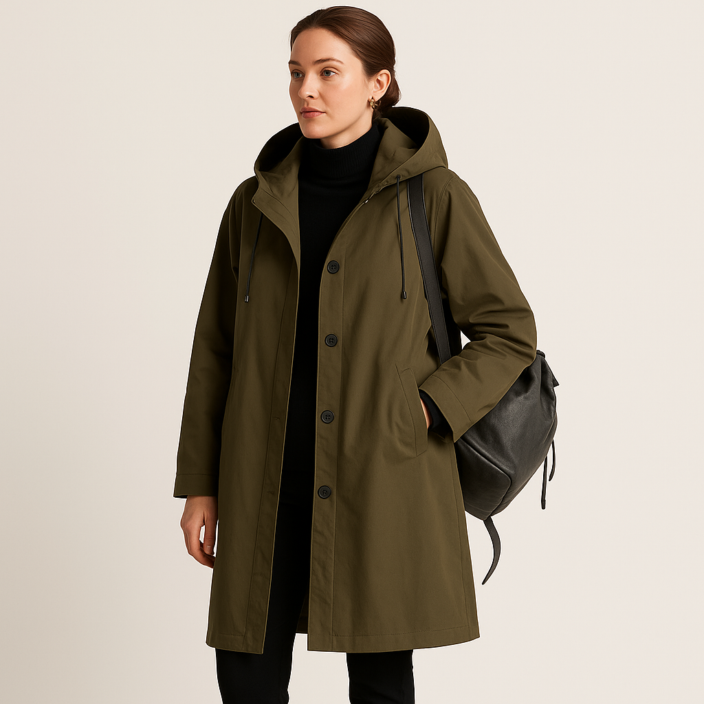 Laura – Minimalistyczny Płaszcz Przeciwdeszczowy z Kapturem