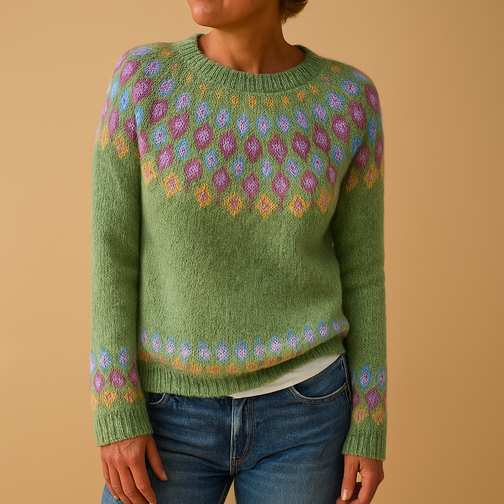 Women’s wool sweater with unique print, classic fit, and soft wool blend. Perfect for casual outfits or chic layered styles in autumn and winter.